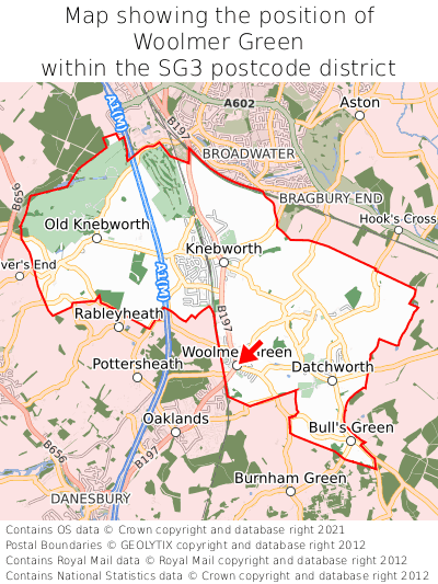 Map showing location of Woolmer Green within SG3