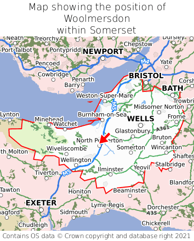 Map showing location of Woolmersdon within Somerset