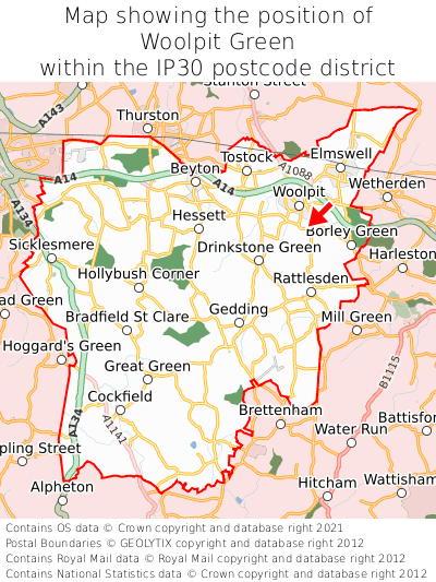 Map showing location of Woolpit Green within IP30