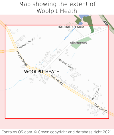 Map showing extent of Woolpit Heath as bounding box