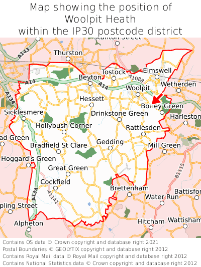 Map showing location of Woolpit Heath within IP30
