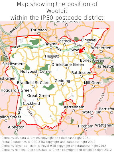 Map showing location of Woolpit within IP30