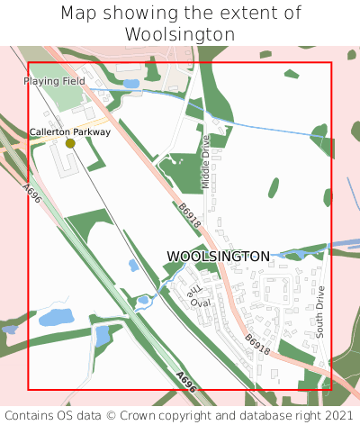 Map showing extent of Woolsington as bounding box