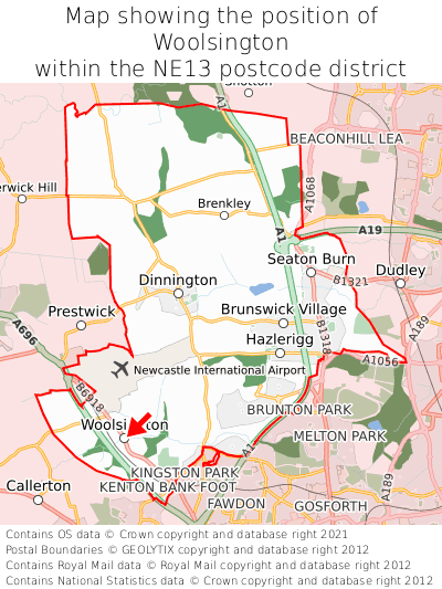 Map showing location of Woolsington within NE13