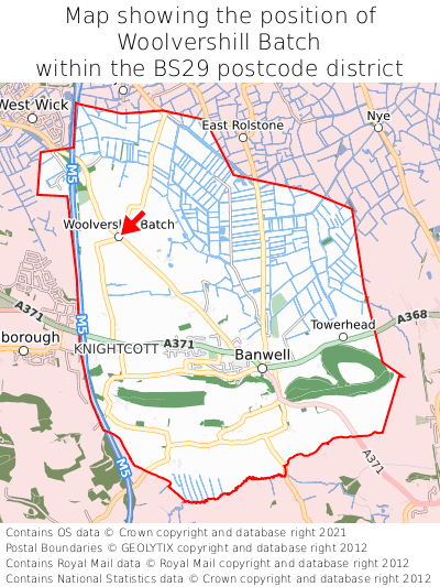 Map showing location of Woolvershill Batch within BS29