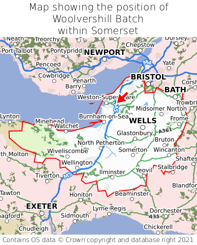 Map showing location of Woolvershill Batch within Somerset