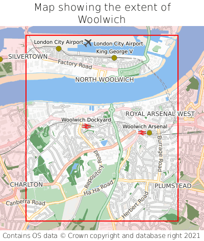 Map showing extent of Woolwich as bounding box