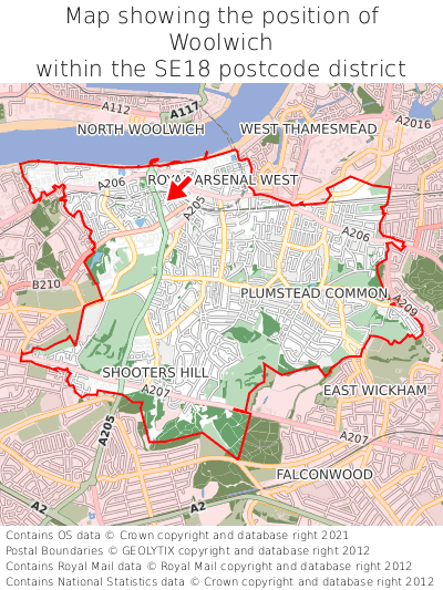 Map showing location of Woolwich within SE18