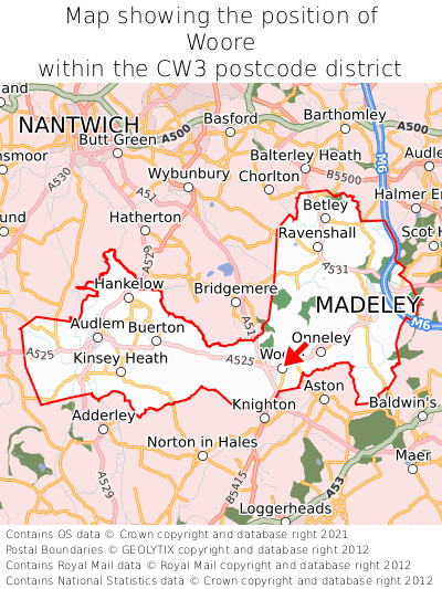 Map showing location of Woore within CW3