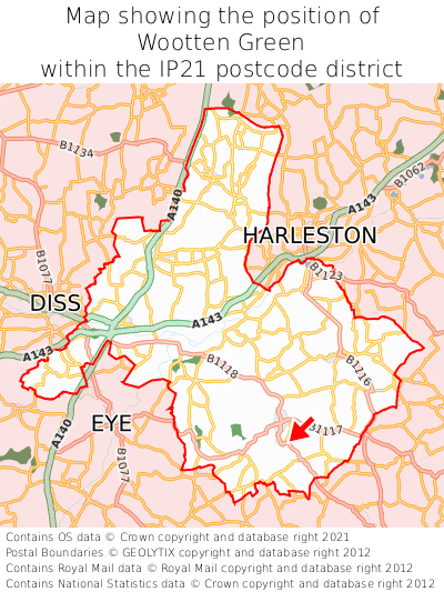 Map showing location of Wootten Green within IP21