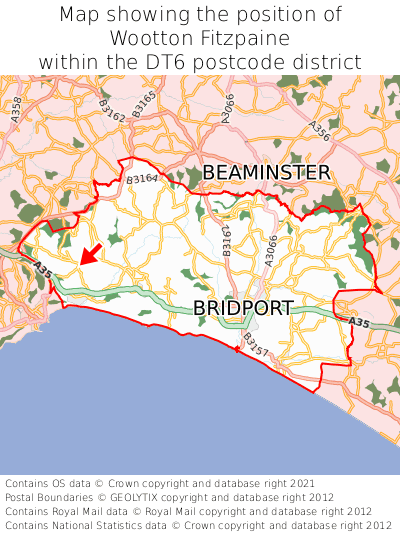 Map showing location of Wootton Fitzpaine within DT6