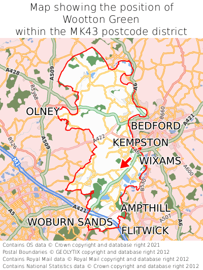 Map showing location of Wootton Green within MK43