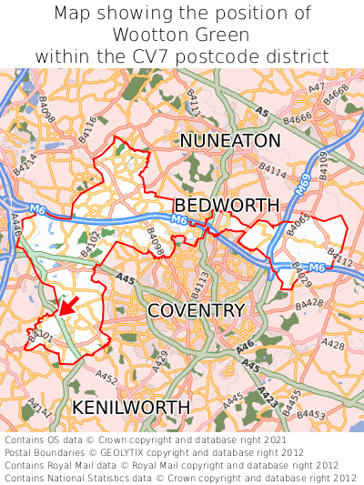 Map showing location of Wootton Green within CV7