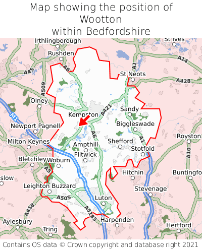 Map showing location of Wootton within Bedfordshire