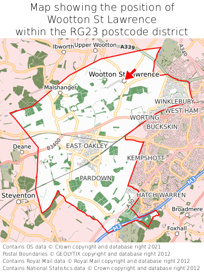 Map showing location of Wootton St Lawrence within RG23