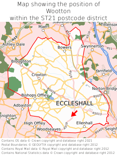 Map showing location of Wootton within ST21