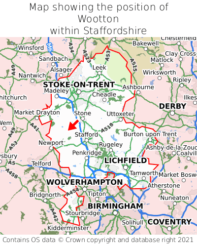 Map showing location of Wootton within Staffordshire