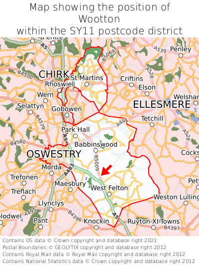 Map showing location of Wootton within SY11