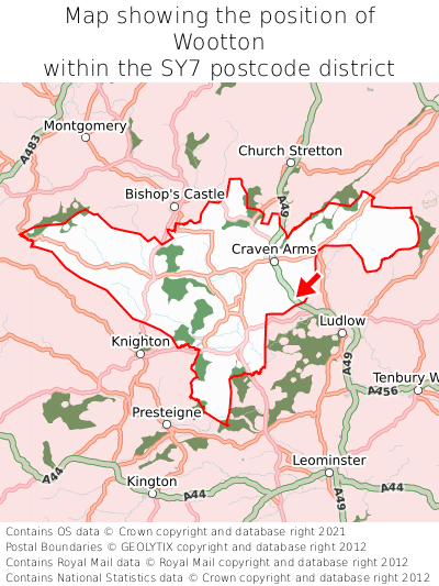 Map showing location of Wootton within SY7
