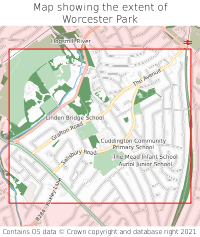 Map showing extent of Worcester Park as bounding box