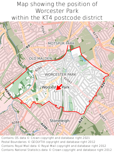 Map showing location of Worcester Park within KT4