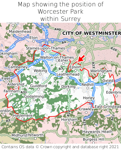 Map showing location of Worcester Park within Surrey