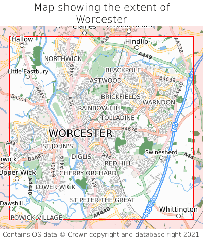 Map showing extent of Worcester as bounding box