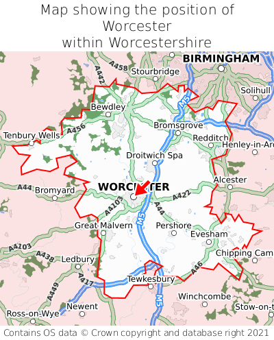 Map showing location of Worcester within Worcestershire