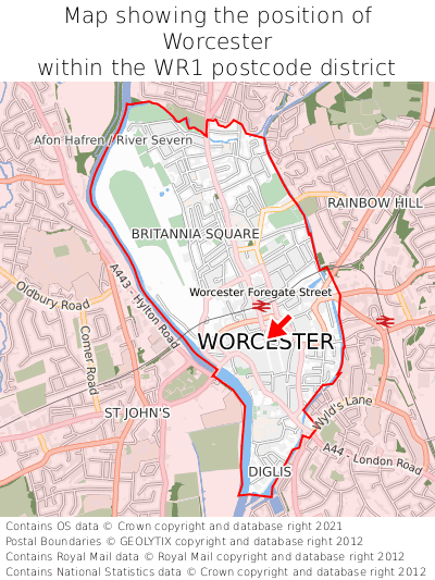 Map showing location of Worcester within WR1