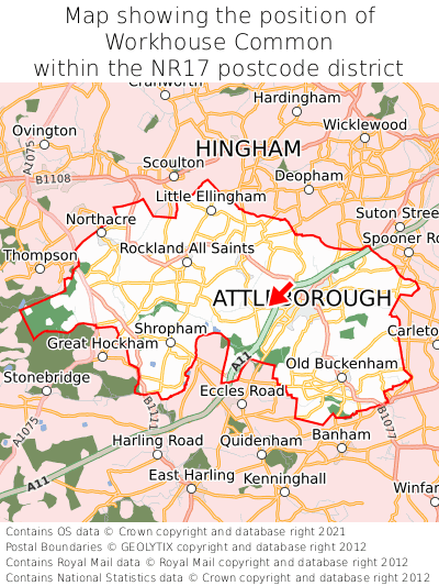 Map showing location of Workhouse Common within NR17