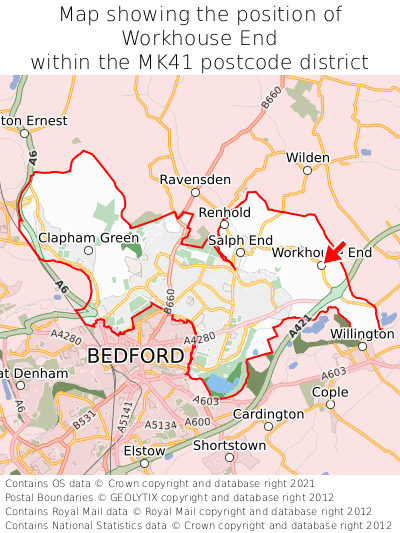 Map showing location of Workhouse End within MK41