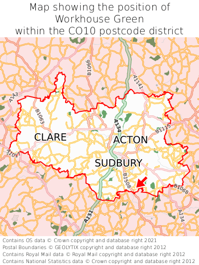 Map showing location of Workhouse Green within CO10