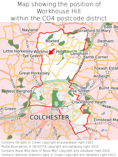 Map showing location of Workhouse Hill within CO4
