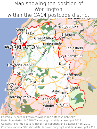 Map showing location of Workington within CA14