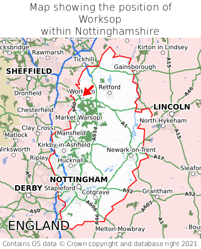 Map showing location of Worksop within Nottinghamshire