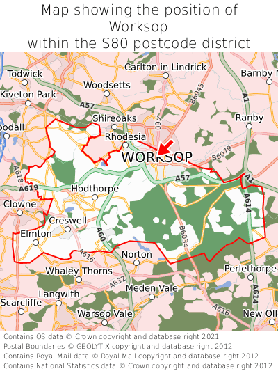 Map showing location of Worksop within S80