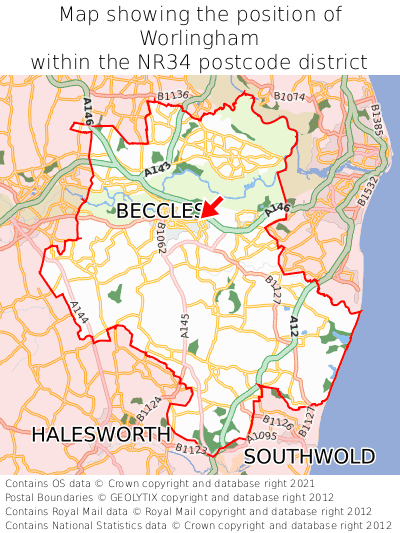 Map showing location of Worlingham within NR34