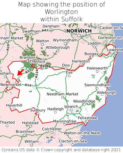Map showing location of Worlington within Suffolk