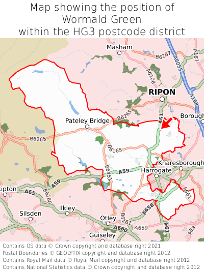 Map showing location of Wormald Green within HG3