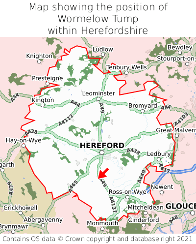 Map showing location of Wormelow Tump within Herefordshire