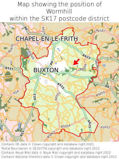 Map showing location of Wormhill within SK17