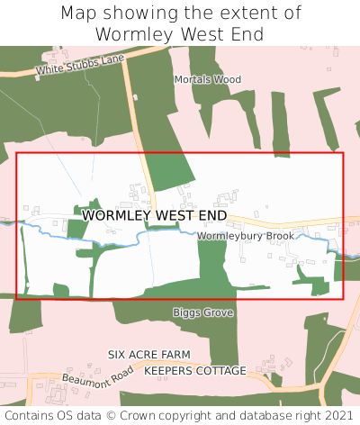 Map showing extent of Wormley West End as bounding box
