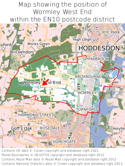 Map showing location of Wormley West End within EN10