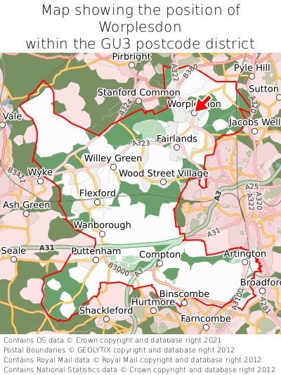 Map showing location of Worplesdon within GU3
