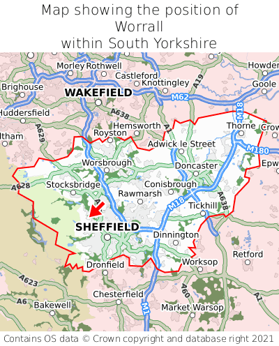 Map showing location of Worrall within South Yorkshire