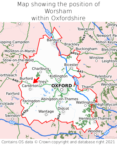 Map showing location of Worsham within Oxfordshire