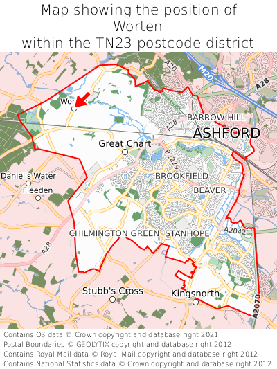 Map showing location of Worten within TN23