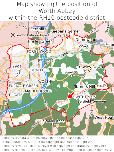 Map showing location of Worth Abbey within RH10