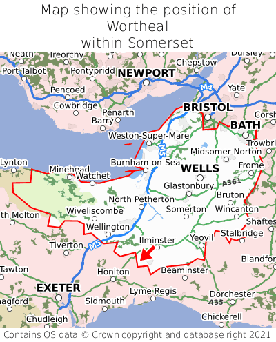 Map showing location of Wortheal within Somerset