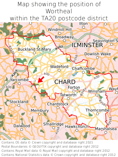 Map showing location of Wortheal within TA20